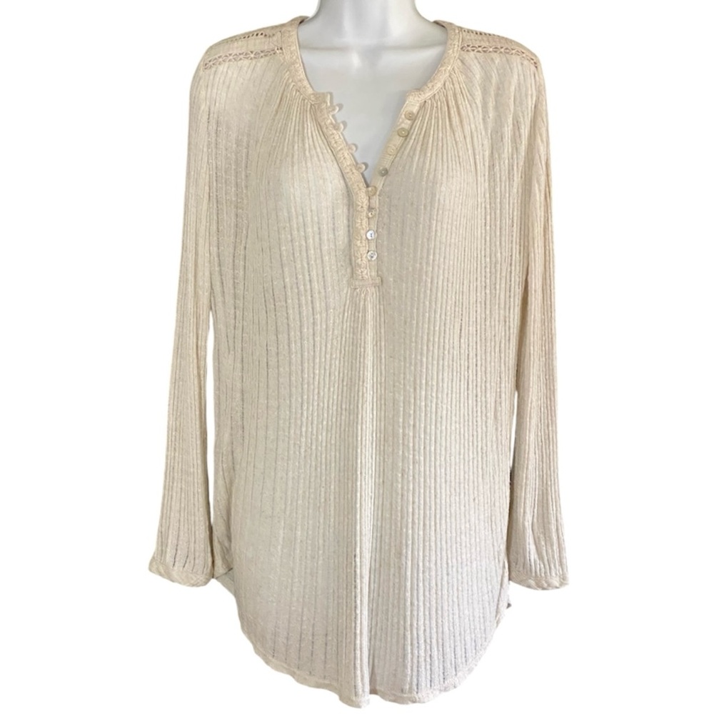 Lucky Brand Henley Top Flowy Long Sleeve M Cream Lightweight Crochet Boho Hippie